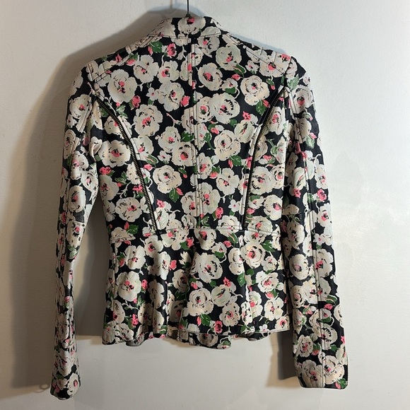 JUICE COUTURE Sz XS Lambskin Peplum Hem Floral Moto Style Jacket Mao Neckline - Picture 7 of 11